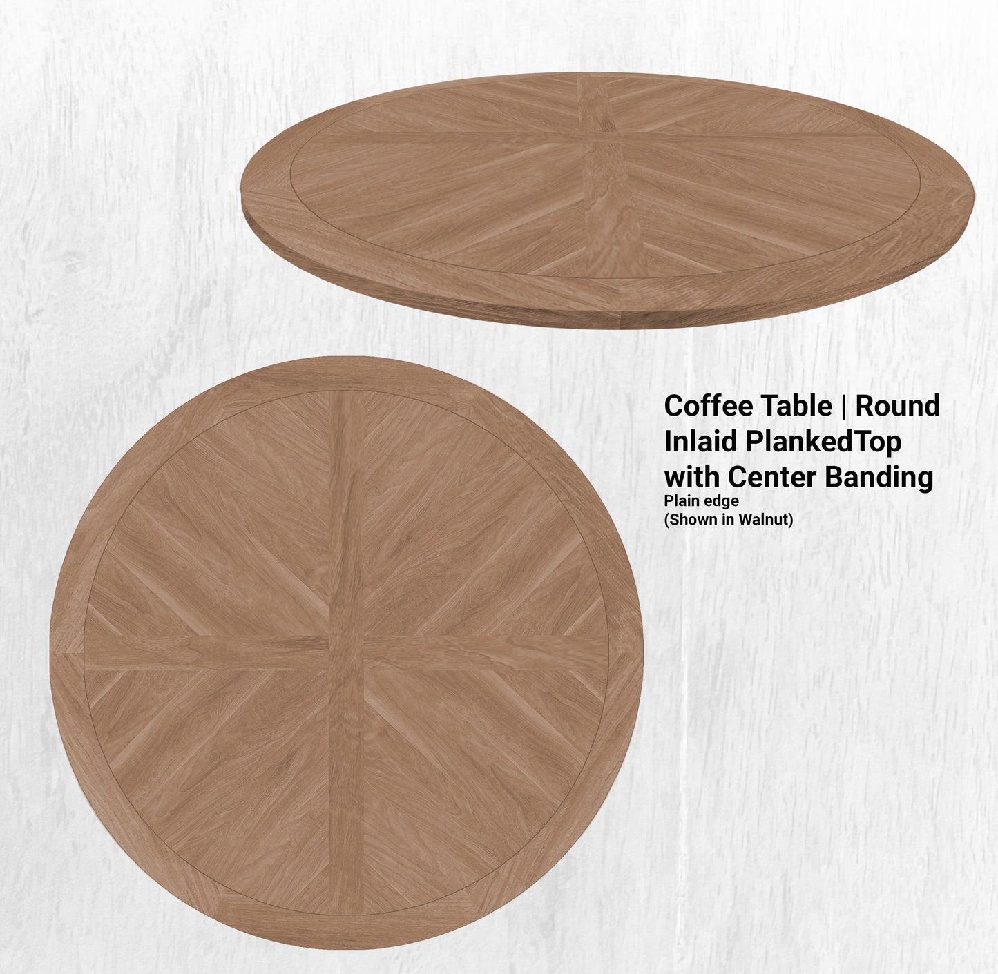 44" Diameter Coffee Table | Round Inlaid PlankedTop with Center Banding